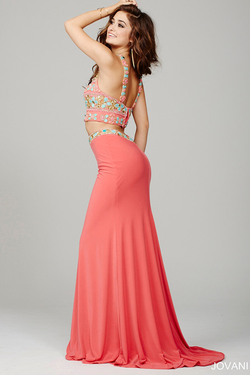 Jovani 39350 two piece coral prom dress size 4 pageant gown High Neck