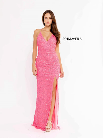 Primavera Couture 3938 Prom Dress Long Beaded Gown. This gown has a open back.