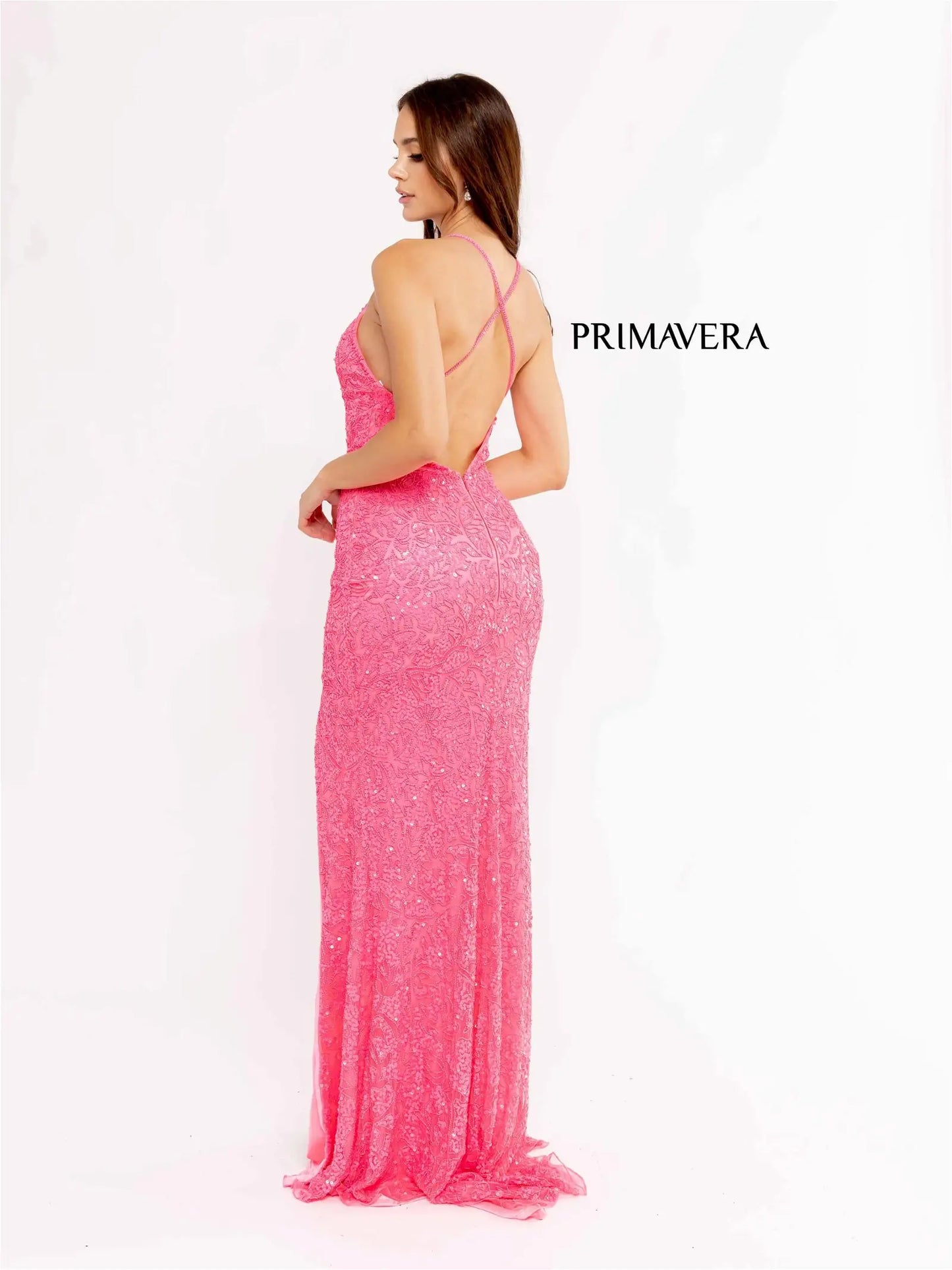 Primavera Couture 3938 Prom Dress Long Beaded Gown. This gown has a open back.