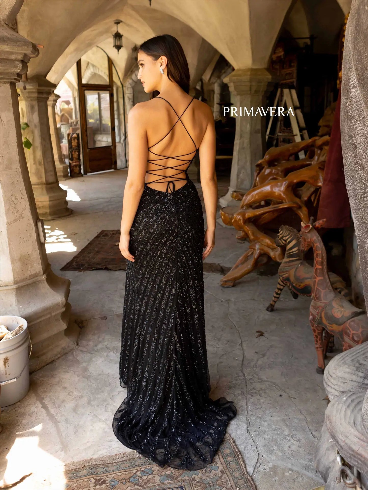 Primavera Couture 3943 Prom Dress Long Beaded Gown. This dress has a beautiful maxi slit. 