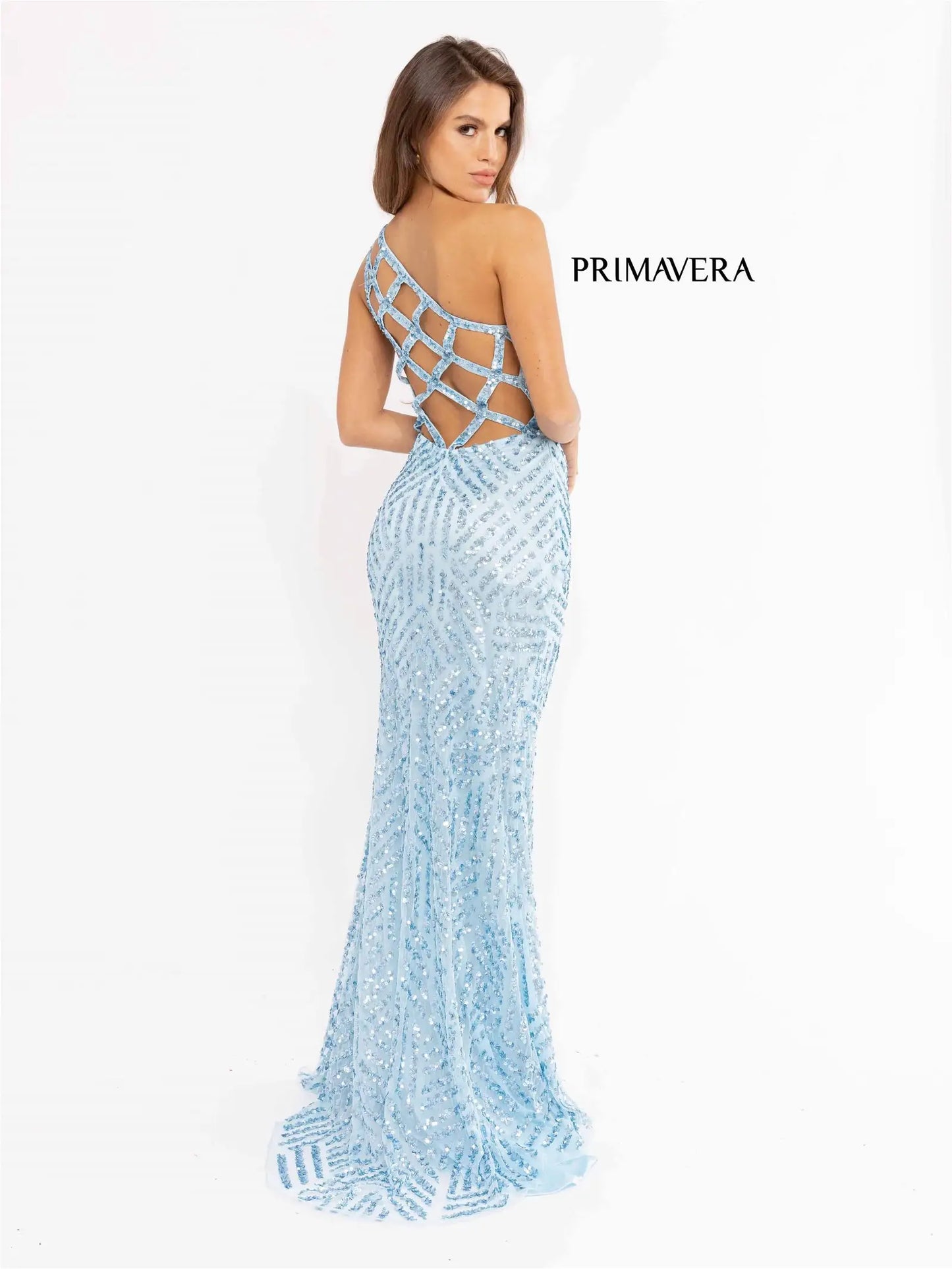 Primavera Couture 3951 Prom Dress Long Beaded Dress. This Gown has a beautiful one shoulder it has a gorgeous se design going down the dress. 