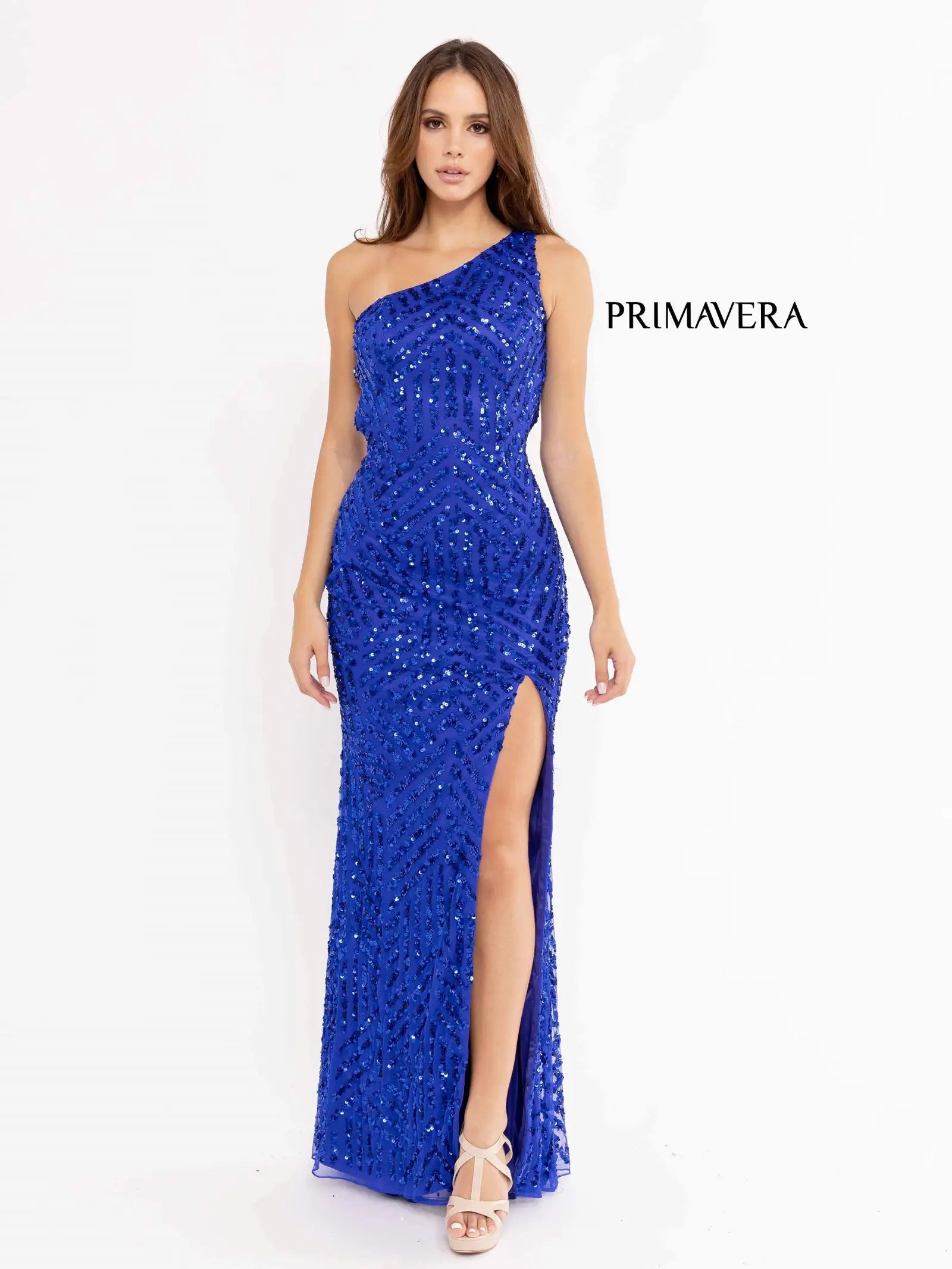 Primavera Couture 3951 Prom Dress Long Beaded Dress. This Gown has a beautiful one shoulder it has a gorgeous se design going down the dress. 