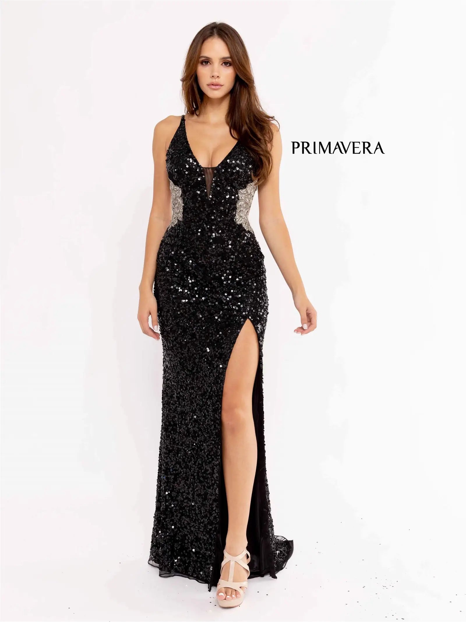 Primavera Couture 3955 Prom Dress Long Beaded Gown. This gown has a beautiful design on the side. 