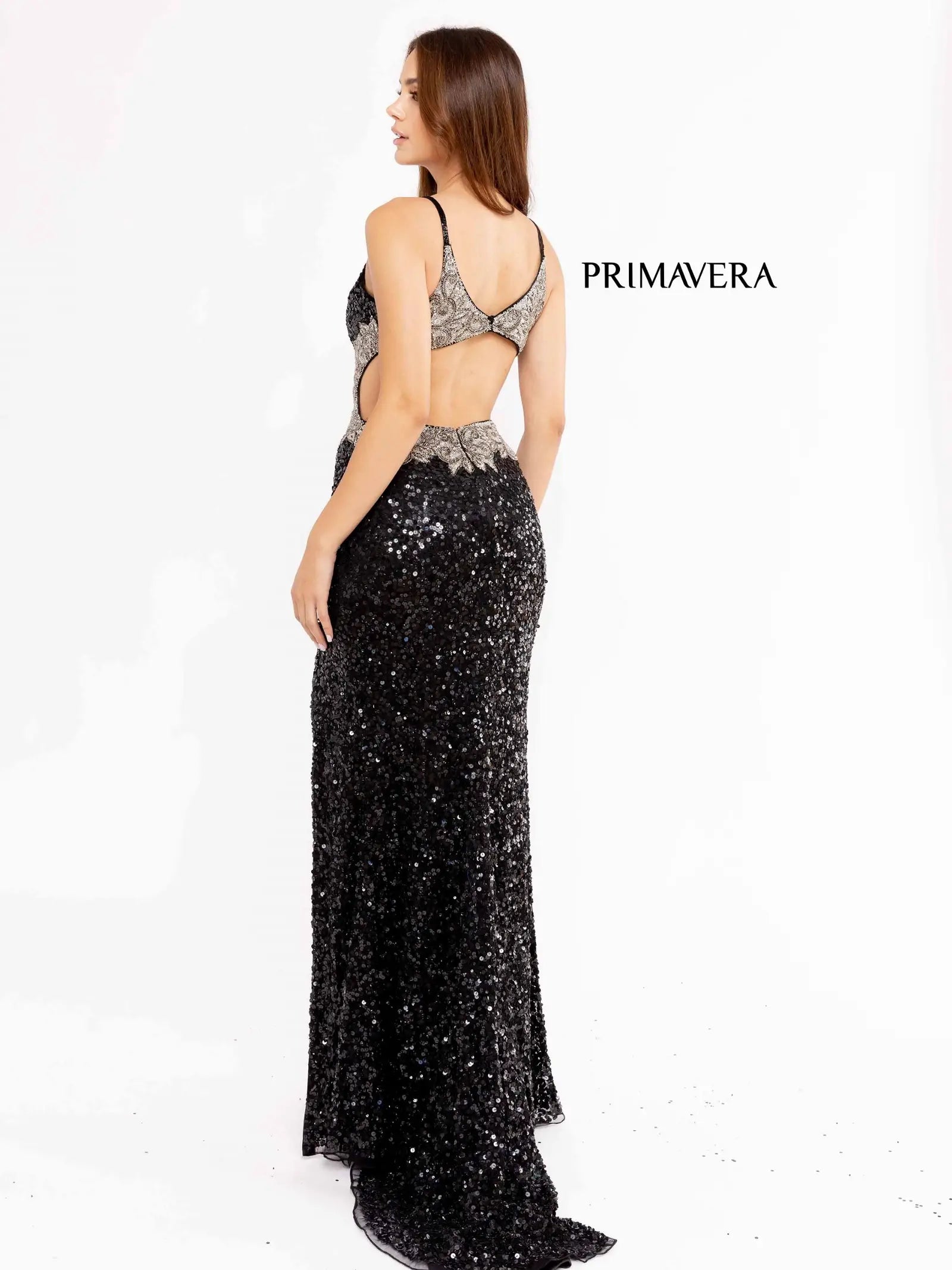 Primavera Couture 3955 Prom Dress Long Beaded Gown. This gown has a beautiful design on the side. 
