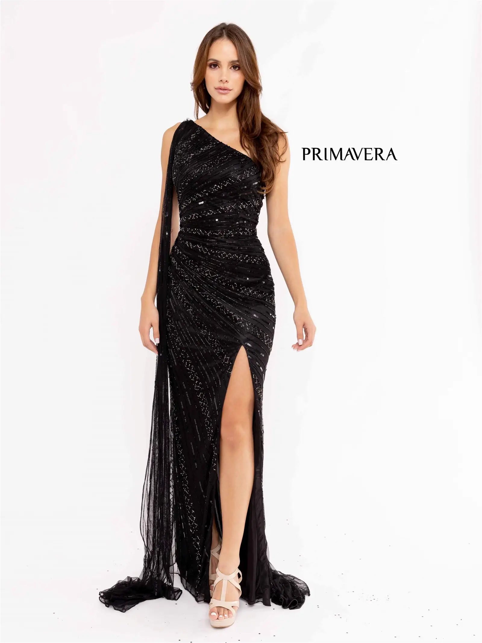 Primavera Couture 3956 Long Fitted Beaded One Shoulder Cape Prom Dress Slit Pageant Gown  Sizes: 000-24  Colors: Lilac, Black