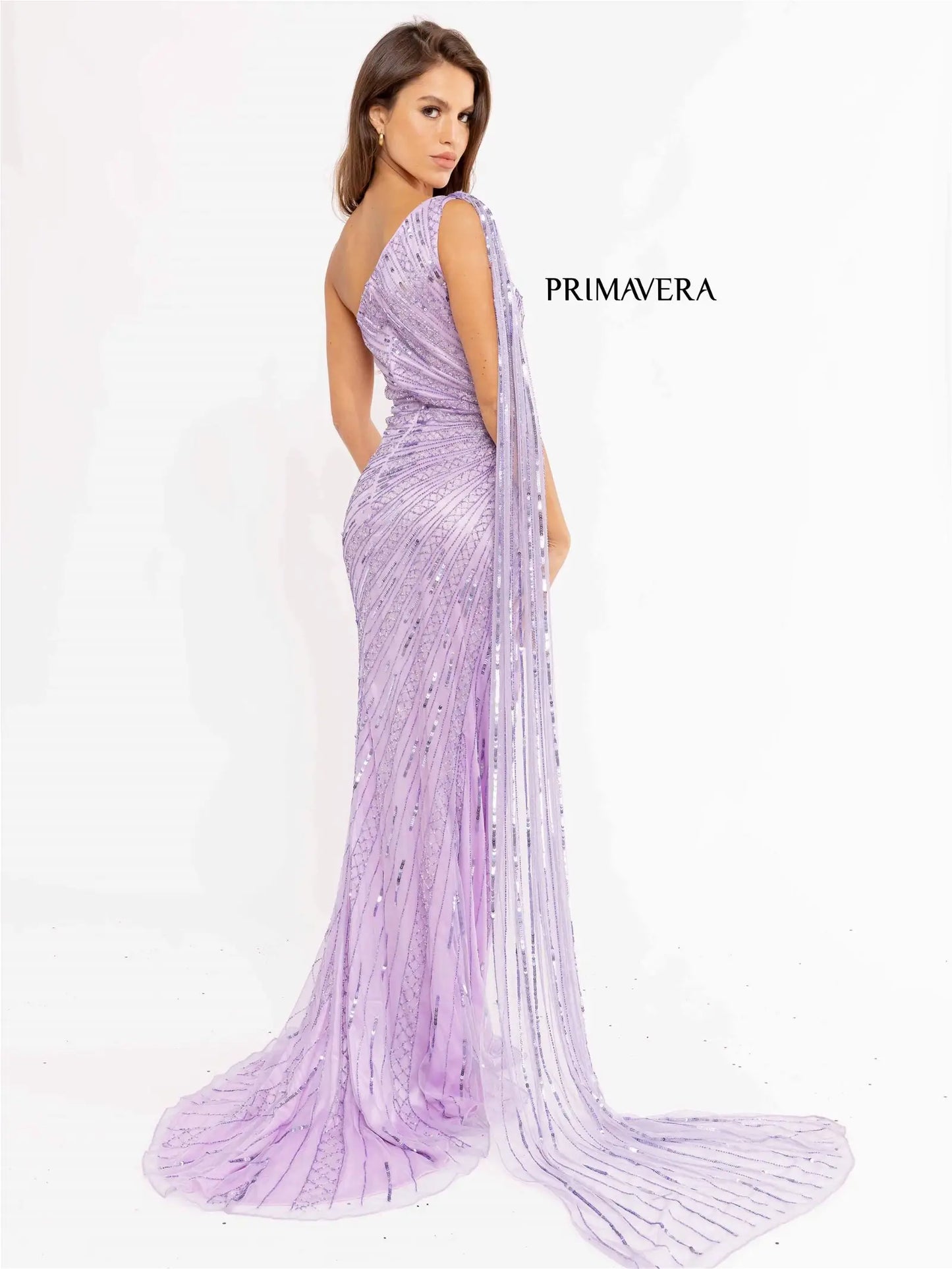 Primavera Couture 3956 Long Fitted Beaded One Shoulder Cape Prom Dress Slit Pageant Gown  Sizes: 000-24  Colors: Lilac, Black