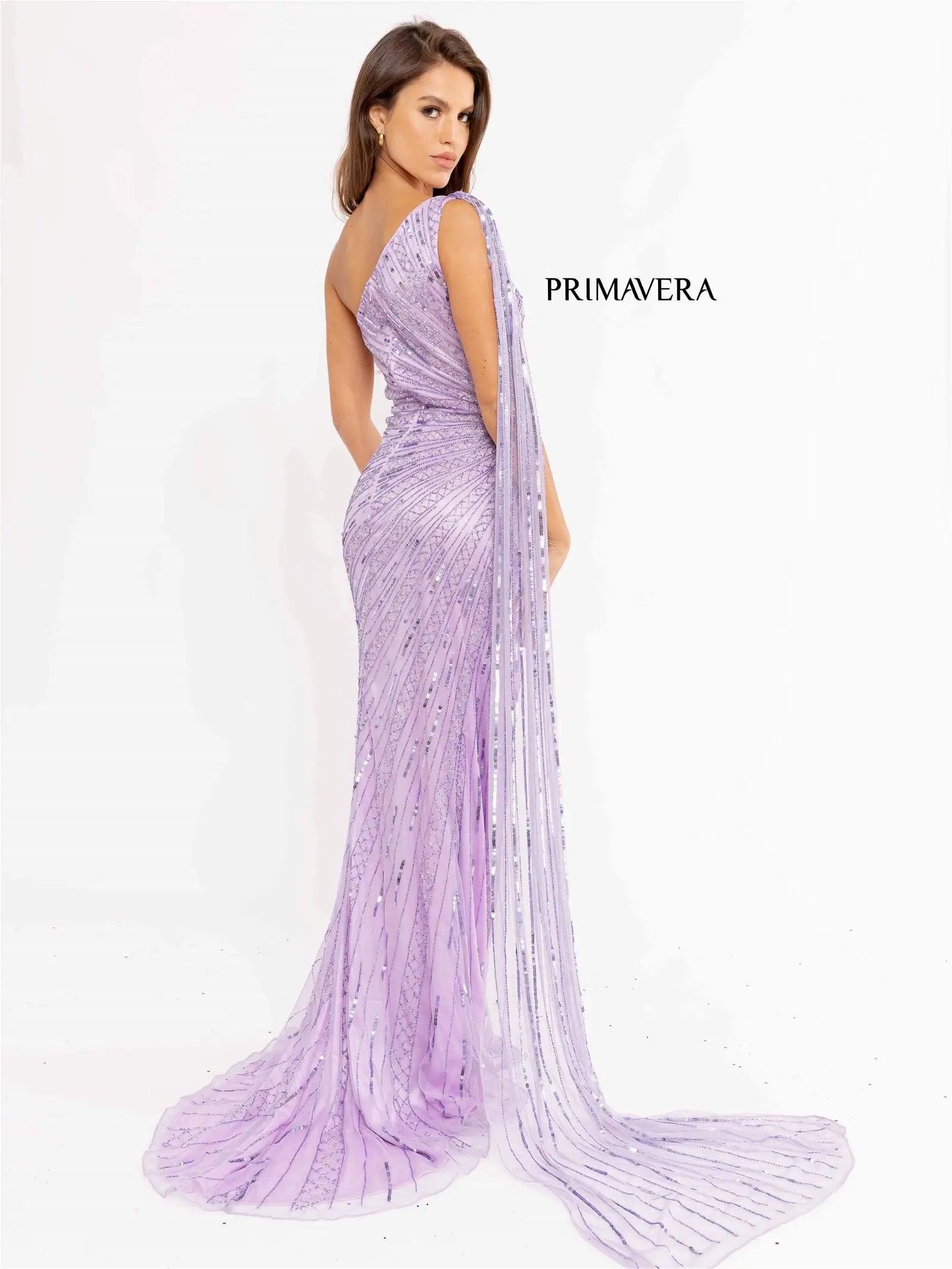 Primavera Couture 3956 Size 12 Lilac Long Fitted Beaded One Shoulder Cape Prom Dress Slit Pageant Gown Primavera Couture 3956 Size 12 Lilac Long Fitted Beaded One Shoulder Cape Prom Dress Slit Pageant Gown
