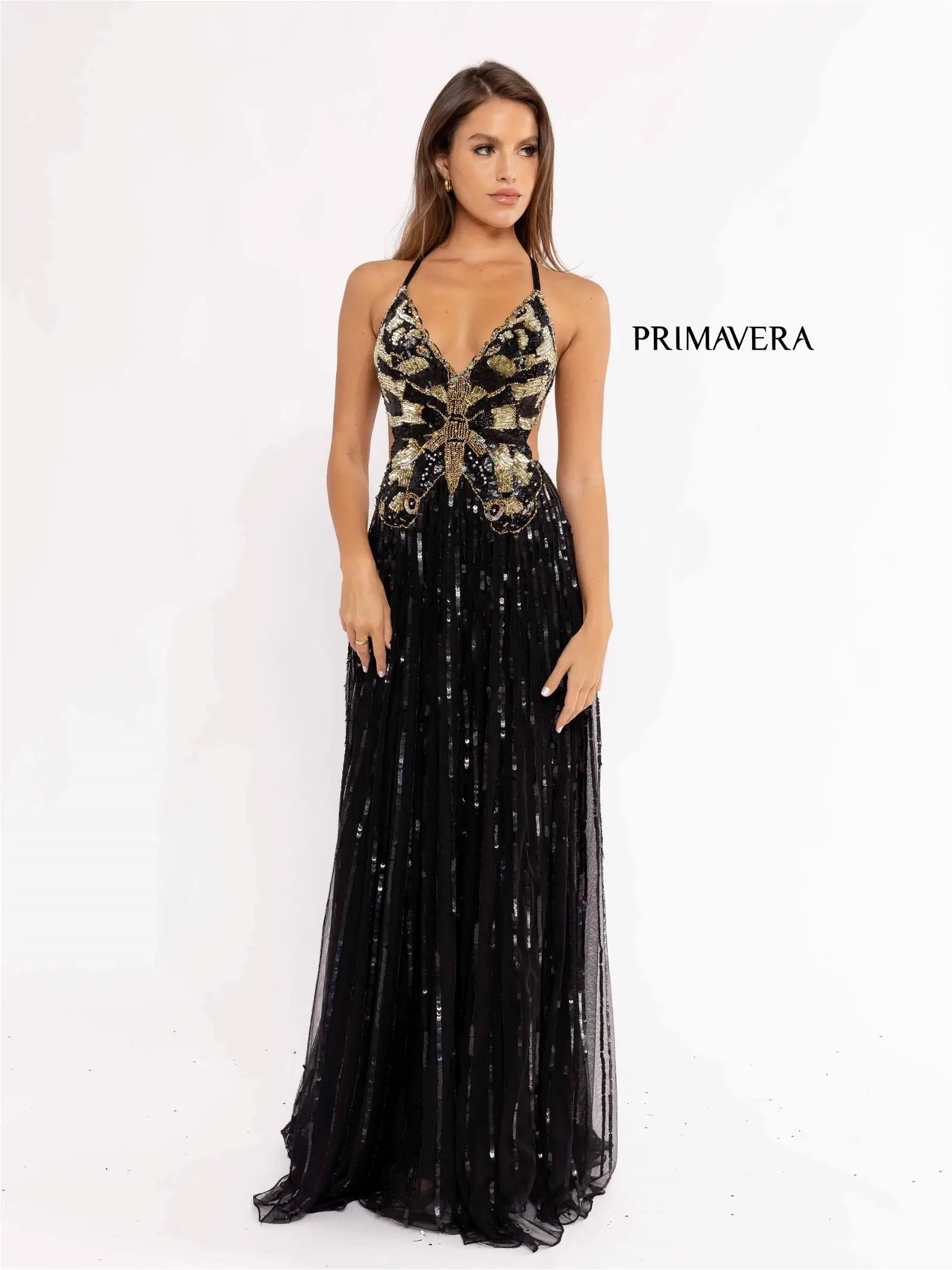 Primavera Couture 3957 Prom Dress Long Beaded Gown. This gown has a beautiful butterfly design on it. Such a beautiful hand beaded gown.