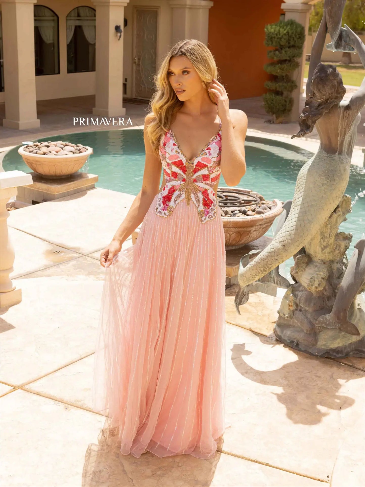 Primavera Couture 3957 Prom Dress Long Beaded Gown. This gown has a beautiful butterfly design on it. Such a beautiful hand beaded gown.