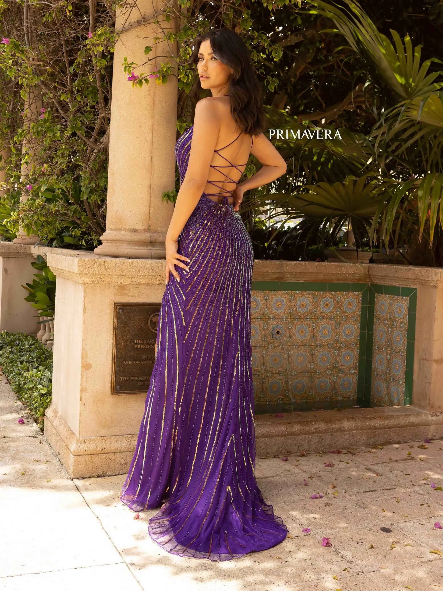 Primavera Couture 3960 Prom Dress Long Beaded dress. This dress has a beautiful design going down the whole dress it also has a slit.   Size-000-18  Colors- Purple, nude