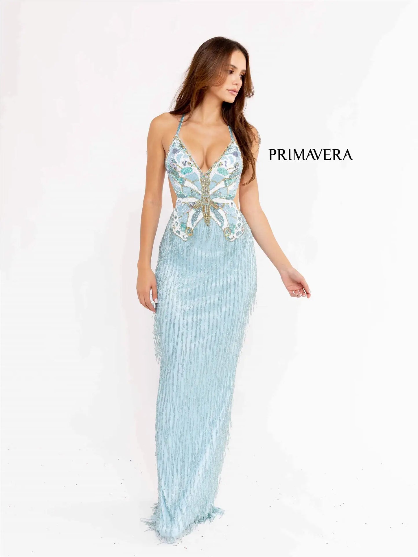 Primavera Couture 3966 Prom Dress Long Fringe Beaded Gown Butterfly Backless Formal