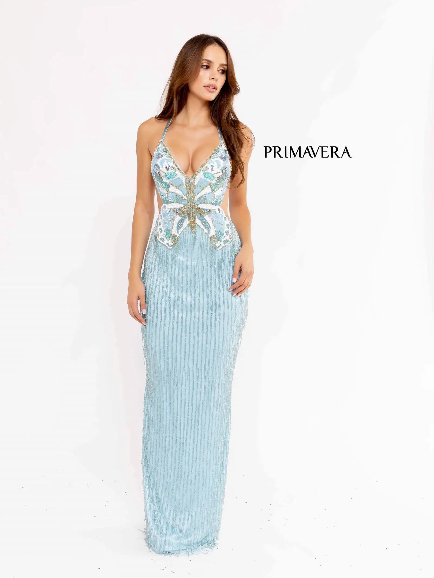 Primavera Couture 3966 Prom Dress Long Fringe Beaded Gown Butterfly Backless Formal