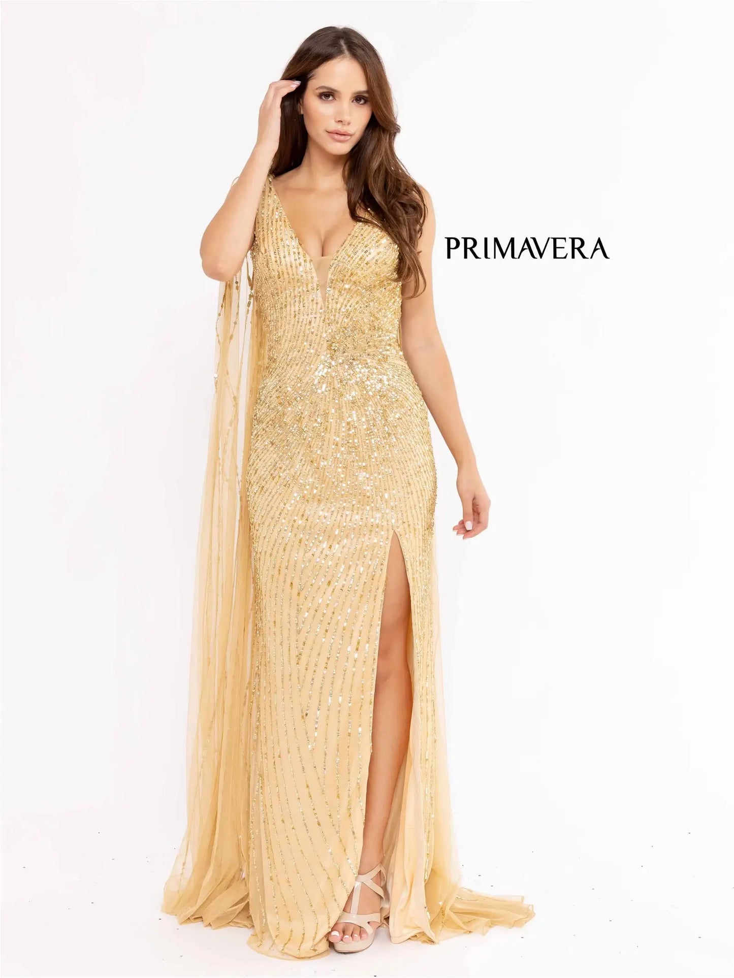 Primavera Couture 3971 Long Fitted Beaded Sequin Formal Pageant Dress Prom Gown Cape This is a sequined and beaded long evening prom dress. It has a cape off both shoulders to the floor.  It has a beautiful slit.    Size: 000-18  Color: PURPLE,SAGE GREEN,IVORY,BLACK,GOLD