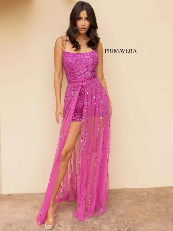 PRIMAVERA COUTURE 3972 Size 2, 8 Fuchsia SEQUINED ROMPER BEADED OVERSKIRT