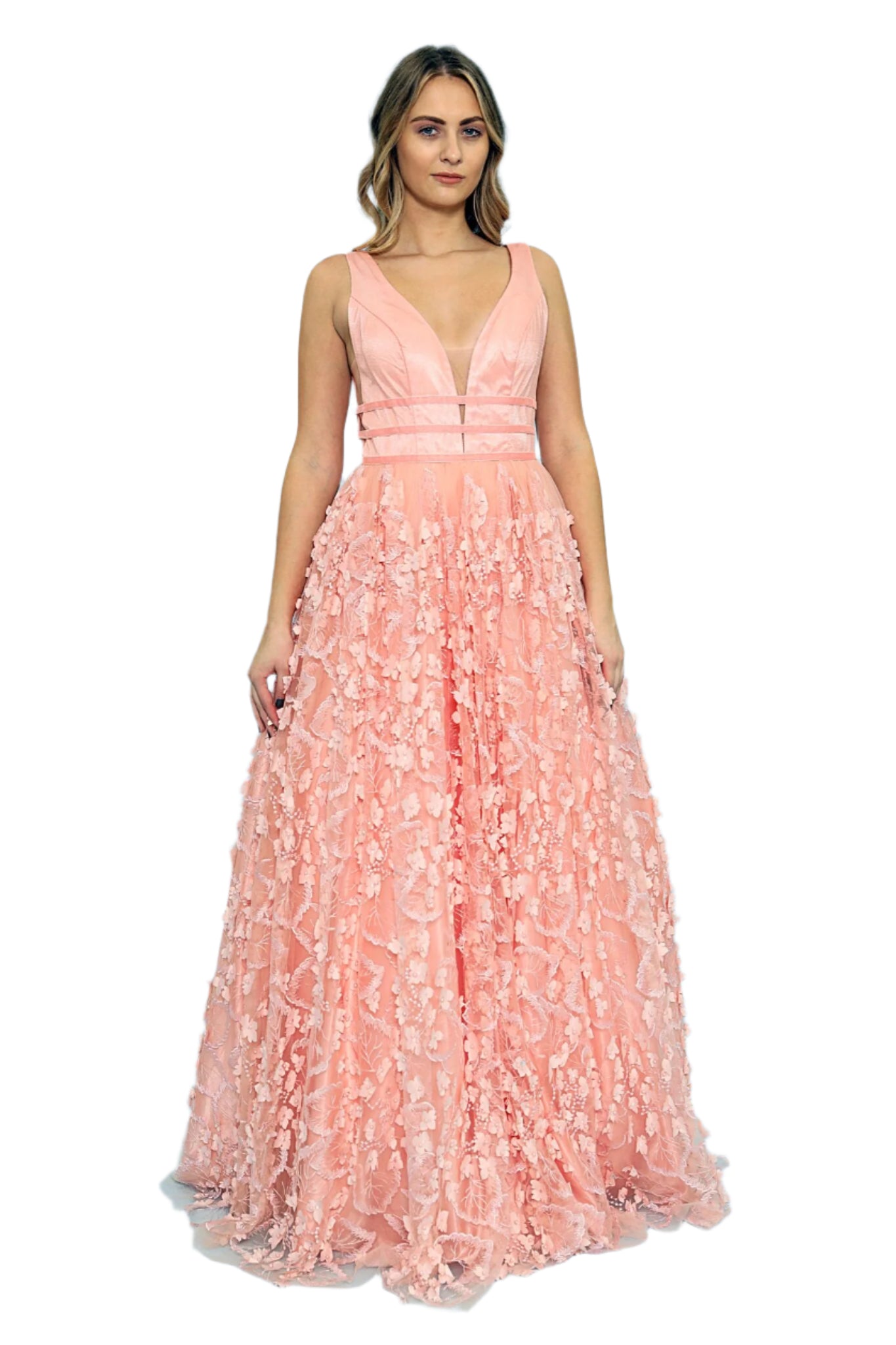 Allie Blu 6101 Peach Floral Lace 3d Applique Formal A Line Ballgown Prom Dress. Lush Skirt with plunging v neckline and suede waist bands. sheer mesh panels. Velvet Ribbon Lace ball gown prom dress   Available Size:10  Available Color: Peach