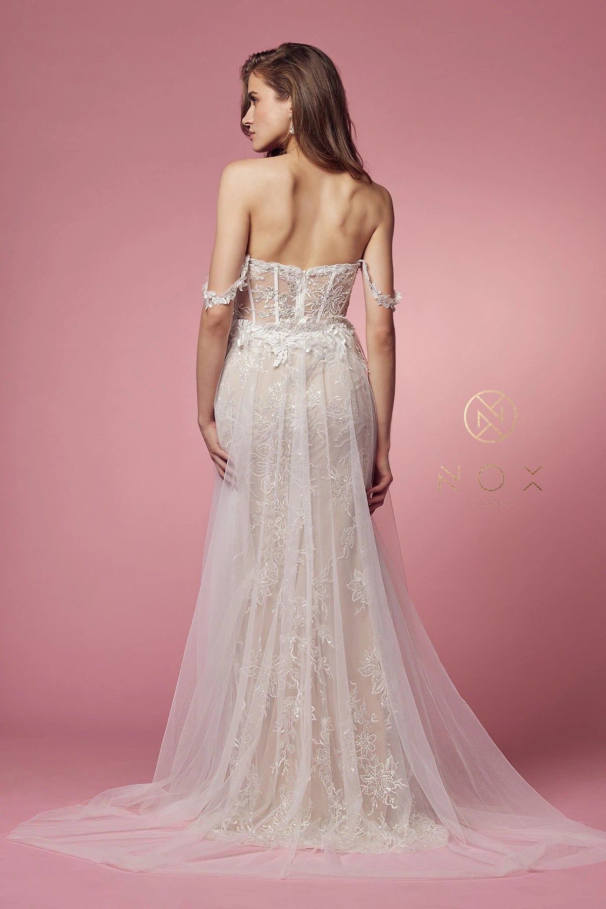 Nox Anabel E441 Size 4, 14 Off the shoulder Sheer Lace Wedding Dress Slit Overskirt Bridal Gown Boho 4 / White/Champagne Nox Anabel E441 Size 4, 14 Off the shoulder Sheer Lace Wedding Dress Slit Overskirt Bridal Gown Boho 4 / White/Champagne