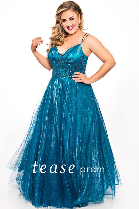Tease Prom TE2046 size 16 Teal shimmer ball gown prom dress plus sized evening gown.