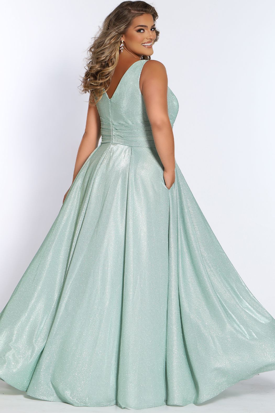 Sydney's Closet SC7324 Size 24 Sage Metallic Prom Dress A Line V Neckline Plus Sized SC 7324