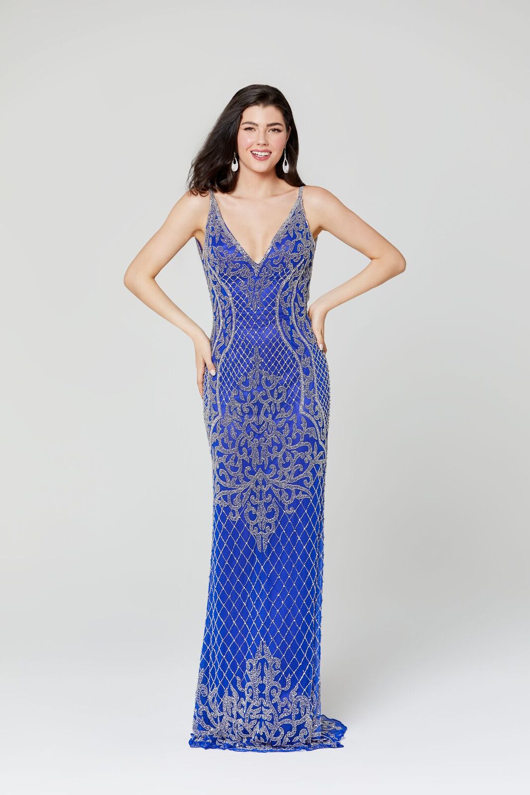 Primavera Couture 3415 spaghetti straps prom dress with v neckline beaded design evening gown with open low scoop back and no slit on this dress to show the beaded work on the hem of the dress. Hand Beaded & Embellished V Neck Formal Evening Gown Pageant Dress