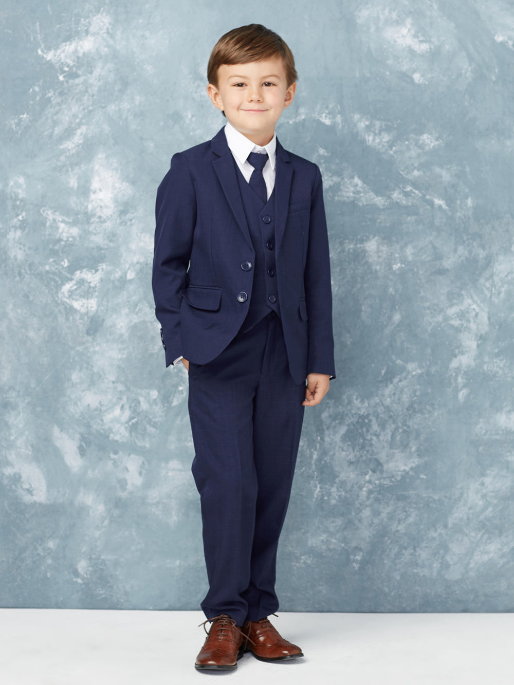 NAVY BLUE Boys Slim Fit Tuxedo Set Complete with Pants, Shirt, Vest, Long Tie & Jacket