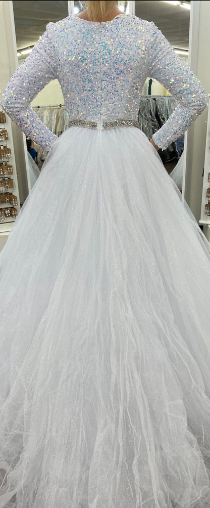 Ava Presley 38332 Size 2 Pink Long Sleeve Velvet Sequin Shimmer A Line Ballgown Prom Dress Pageant Gown