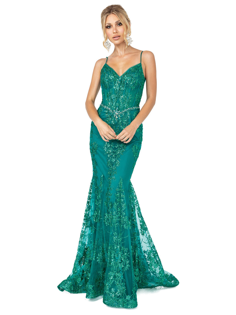 DQ 4118 is a Long fitted Sequin Mermaid Prom Dress & Pageant Gown. Featuring a V Neckline with a sheer bodice with boning & Crystal Belt. Mermaid Silhouette with sweeping train. Available Sizes: XS-3XL  Available Colors: Black, Fuchsia, Gold, Hunter Green, Light Teal, Lilac, Magenta, Mocha, Navy, Rose Gold, Green, Royal Blue, Steel Blue