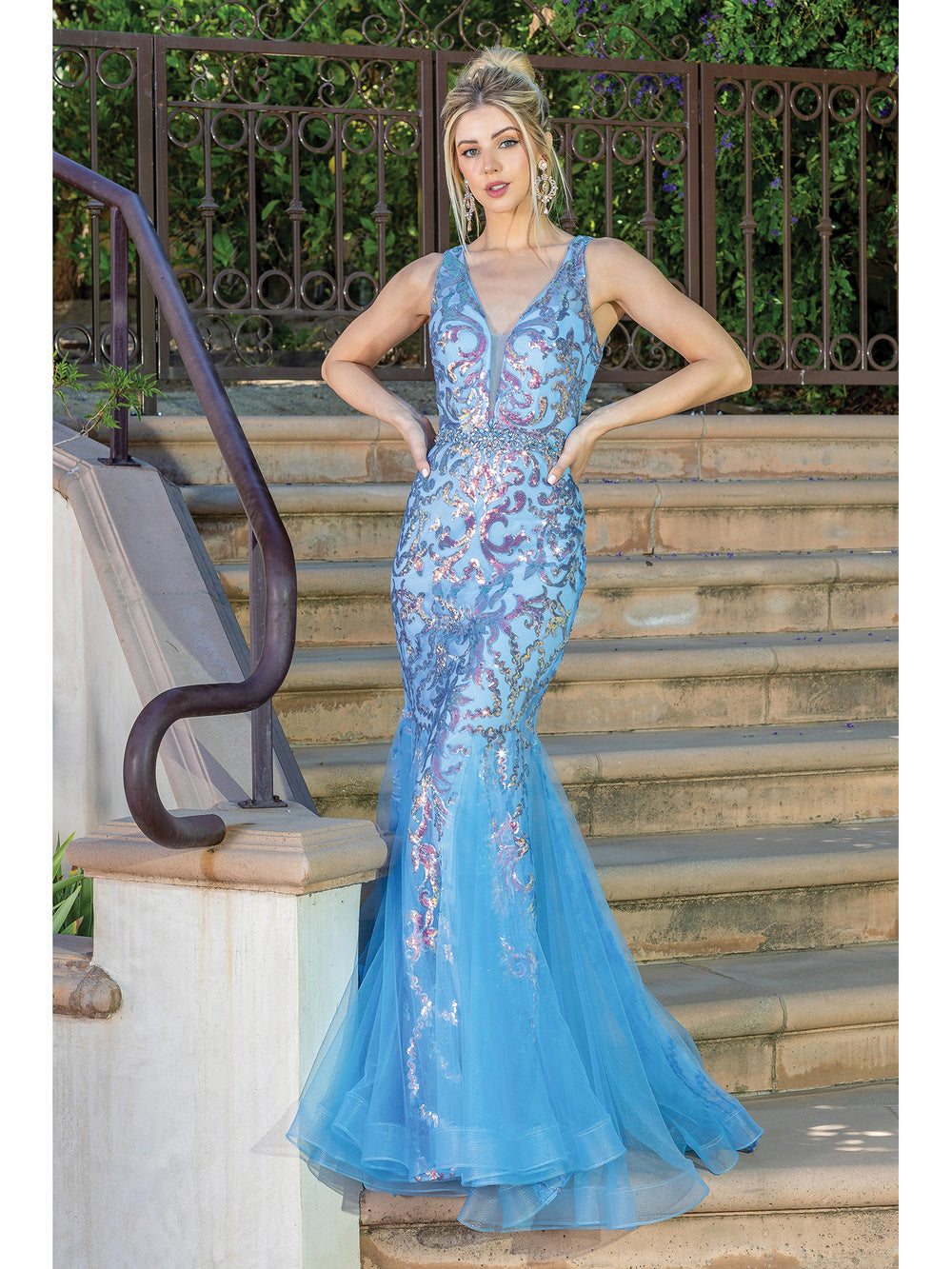 DQ 4213 Size 6 Turquoise Long Fitted Sequin Mermaid Prom Dress Pageant Gown Lush gusset tulle mermaid skirt with sequin lace accents. deep v neckline  Available Size: 6  Available Color: Turquoise