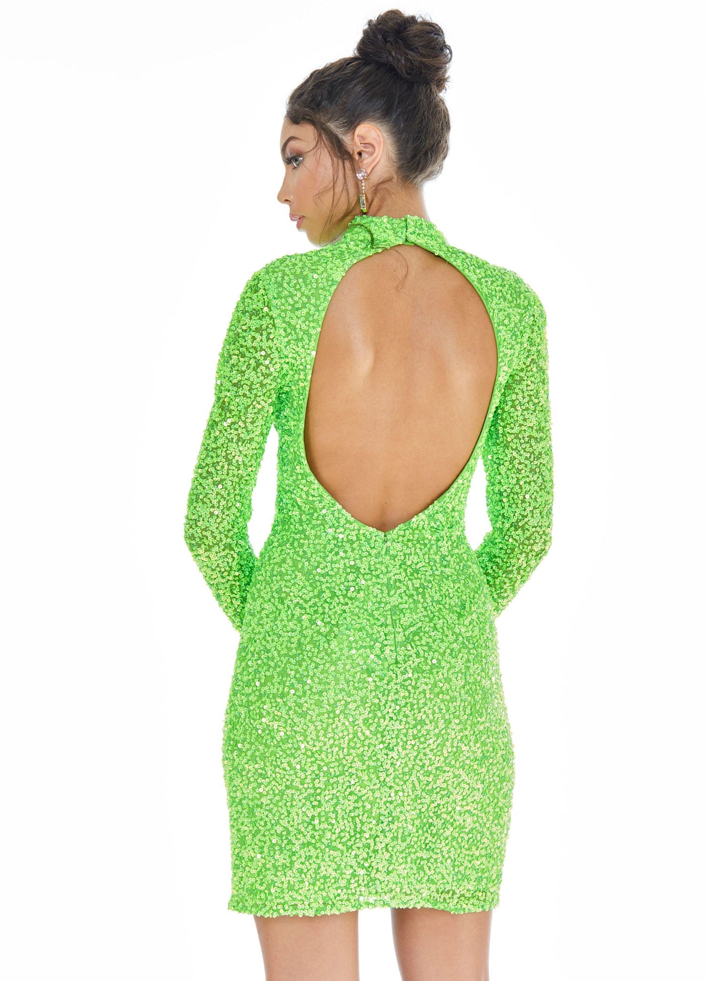 Ashley Lauren 4252 long sleeve sequin beaded short cocktail dress with high neckline and circle cutout back.  Available colors:  Rose Gold, Blue, Nebula Green, Fuchsia, Neon Green, Red  Available sizes:  0-16  Dance the night away in this fully beaded long sleeve cocktail dress. The modern high neckline perfectly contrasts the sexy open back.  High Neckline Open Back Fitted Fully Beaded  