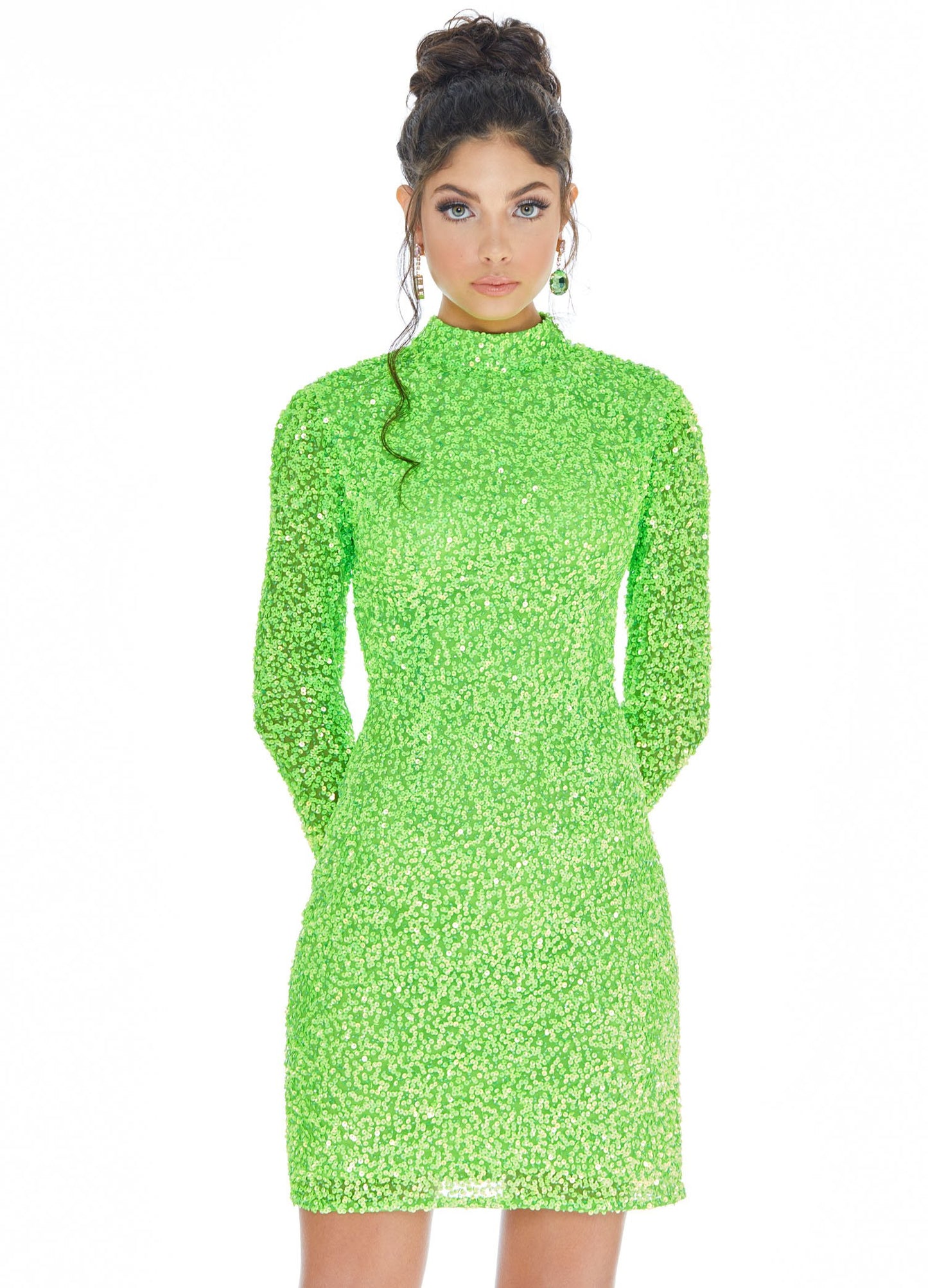 Ashley Lauren 4252 long sleeve sequin beaded short cocktail dress with high neckline and circle cutout back.  Available colors:  Rose Gold, Blue, Nebula Green, Fuchsia, Neon Green, Red  Available sizes:  0-16  Dance the night away in this fully beaded long sleeve cocktail dress. The modern high neckline perfectly contrasts the sexy open back.  High Neckline Open Back Fitted Fully Beaded  