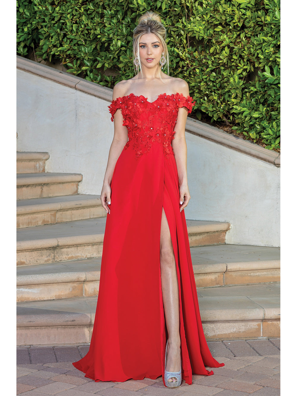 DQ 4268 Size 16 Red Long Off the Shoulder Maxi Slit Formal Prom Dress Corset Gown Floral embellished Bodice  Available Sizes: 16  Available Color: Red