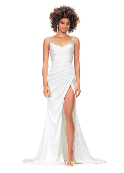 ASHLEYlauren 11298 Ruched Satin Gown with Lace Up Back