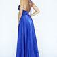 Jolene Collection 19065 Long Shimmer satin Maxi High Slit Prom Dress. This Simple V Neckline formal evening gown features a spaghetti strap tie halter.   Available Colors: royal blue   Available Sizes: 0