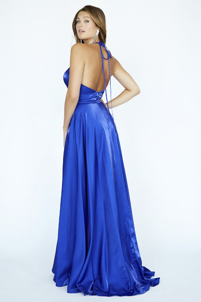 Jolene Collection 19065 Long Shimmer satin Maxi High Slit Prom Dress. This Simple V Neckline formal evening gown features a spaghetti strap tie halter.   Available Colors: royal blue   Available Sizes: 0