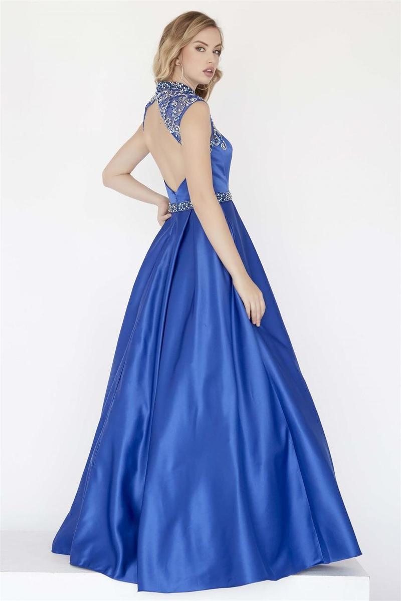 Jolene 18016 Long Satin A Line Ballgown Sheer High Neck Prom Dress Pockets size 16