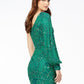 Ashley Lauren 4497 Short Fitted Long Sleeve Sequin Beaded Formal Cocktail Dress Homecoming Stunning hand-beaded cocktail dress featuring a one shoulder neckline with bishop sleeve. This dress is complete with a glamourous bead pattern. One Sleeve Bishop Sleeve Fitted Skirt Fully Sequin COLORS: Jade, Candy Pink, Neon Pink, Gold/Ivory, Purple