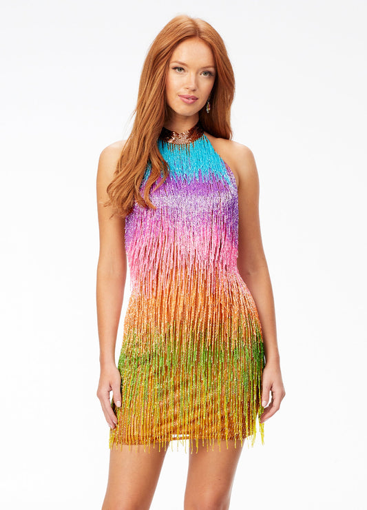 Ashley Lauren 4505  Stand out in this striking ombré fringe cocktail dress featuring a halter neckline, fitted skirt and plunging low back.  Available colors:  Multi, Sunset, Electric Raspberry, Blue