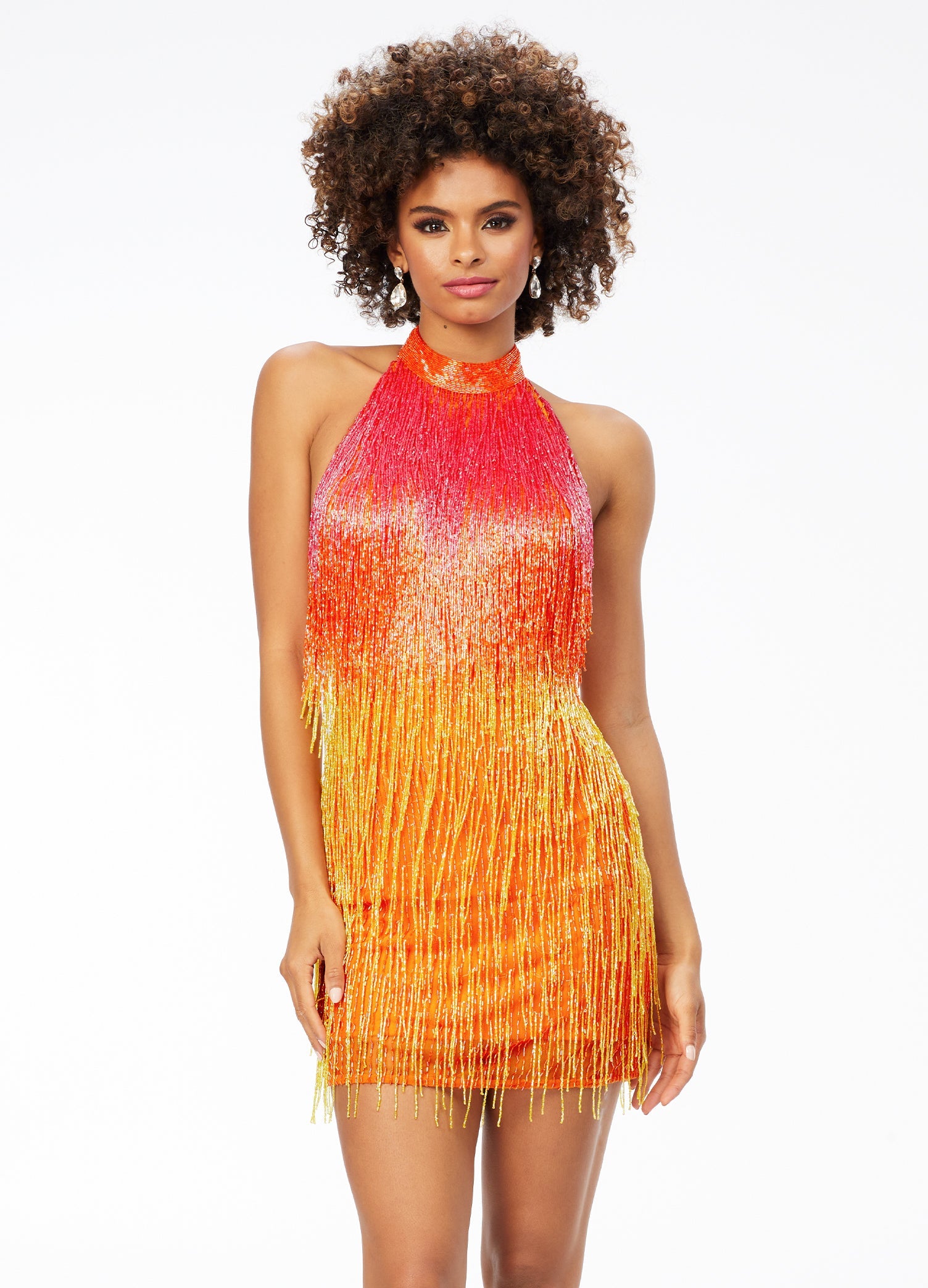 Ashley Lauren 4505  Stand out in this striking ombré fringe cocktail dress featuring a halter neckline, fitted skirt and plunging low back.  Available colors:  Multi, Sunset, Electric Raspberry, Blue
