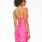 Ashley Lauren 4519 This stretch sequin cocktail dress features a v-neckline, contour waist seaming and a center lace up back.  Available colors: Hot Pink  Available sizes:  0  Strapless V-Neckline Lace Up Back Stretch Sequin Fabric
