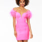 Ashley Lauren 4523  Be flirtatious in this off the shoulder scuba cocktail dress featuring feather details, a sweetheart neckline and our signature contour seaming to provide the perfect silhouette.  Available colors:  Hot Pink, Black Orchid, Black/White, Red, White, Turquoise