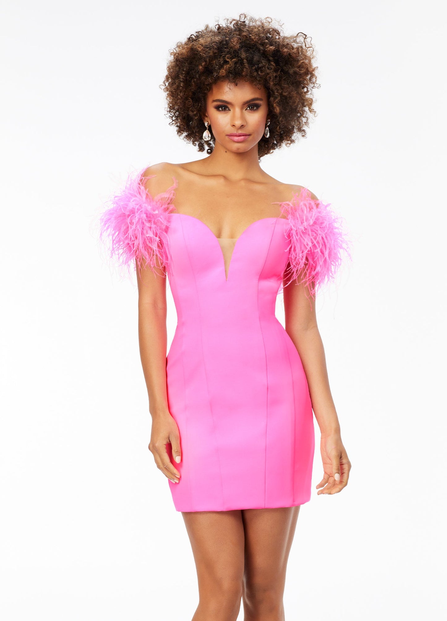 Ashley Lauren 4523  Be flirtatious in this off the shoulder scuba cocktail dress featuring feather details, a sweetheart neckline and our signature contour seaming to provide the perfect silhouette.  Available colors:  Hot Pink, Black Orchid, Black/White, Red, White, Turquoise