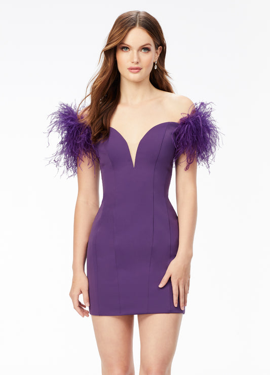 Ashley Lauren 4523 Size 8 Black Orchid Feather Scuba Cocktail Dress v neck Homecoming Gown Be flirtatious in this off the shoulder scuba cocktail dress featuring feather details, a sweetheart neckline and our signature contour seaming to provide the perfect silhouette.  Off Shoulder Sweetheart Neckline Feathers Scuba Size:: 8  Color: Black/Orchid