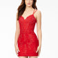 Ashley Lauren 4541 Lovely in lace! This lace cocktail dress features scattered lace appliques throughout the bodice and fitted skirt. The look is accented by scattered heat set stones and a lace up back.  Available colors:  Pink, Red, Royal, Black