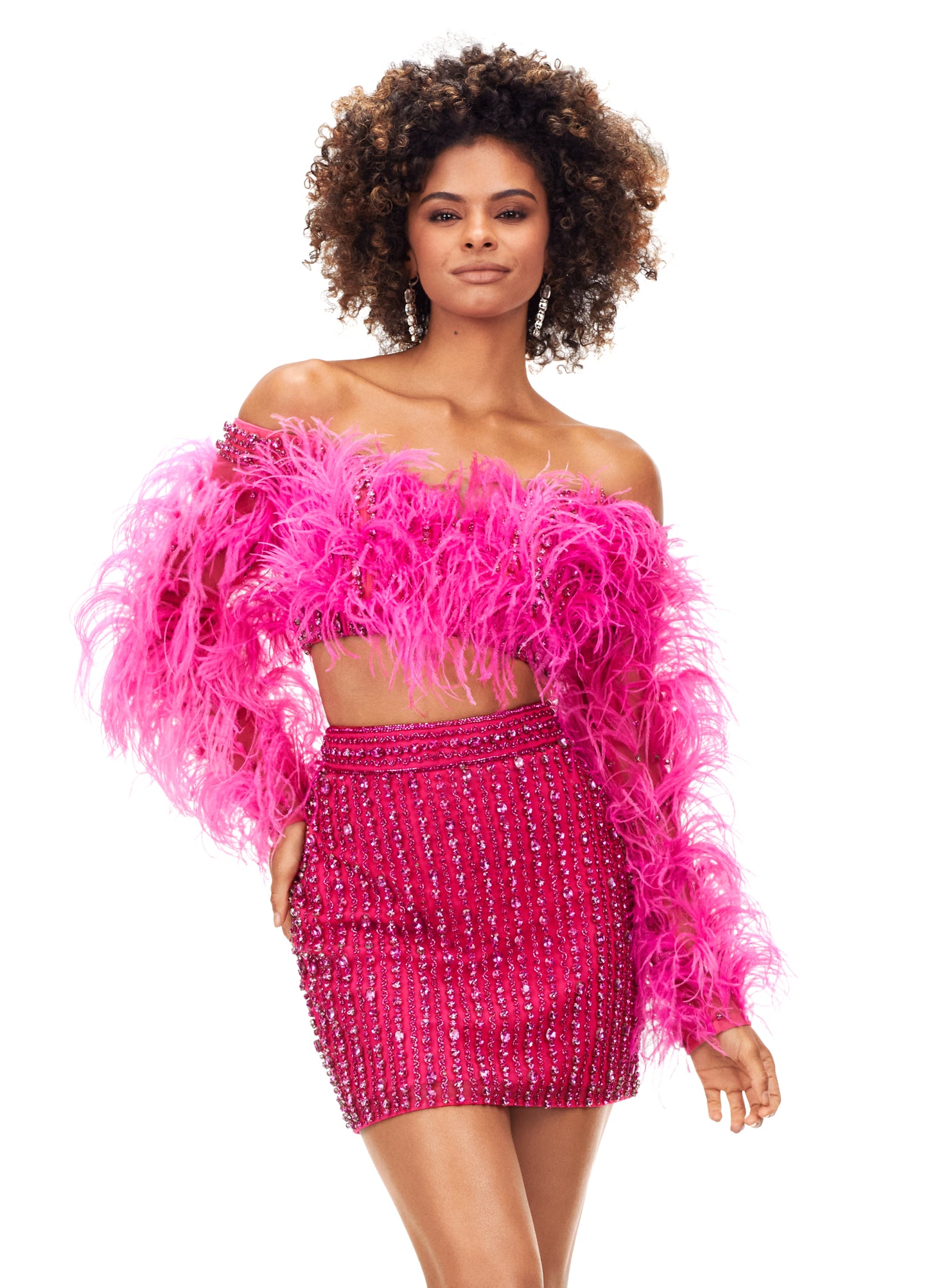 Ashley Lauren 4562 Two Piece Cocktail Dress with Beaded Skirt and Feathers