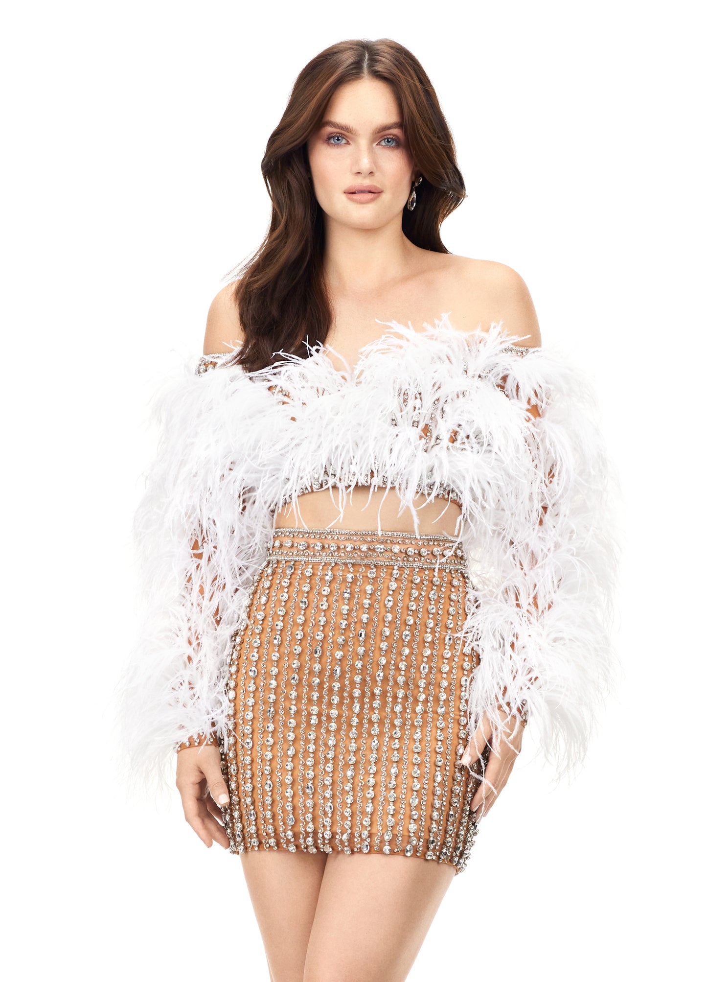 Ashley Lauren 4562 Two Piece Cocktail Dress with Beaded Skirt and Feathers 12 / Hot Pink