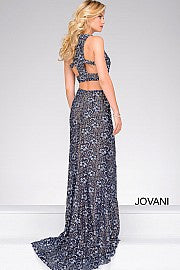 Jovani 46002 size 6 Navy Long Lace prom dress pageant gown Racer Back Slit Formal