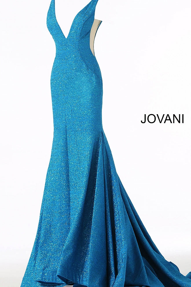 Jovani 47075 Floor length form fitting glitter jersey prom dress with train and horse hair trim features sleeveless bodice with plunging neckline, sheer side panels and open back.  Prom, Pageant and Evening gowns