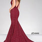 Jovani 47075 sleeveless bodice with plunging neckline, sheer side panels and open back long mermaid stretch glitter jersey prom dress pageant gown evening gown.