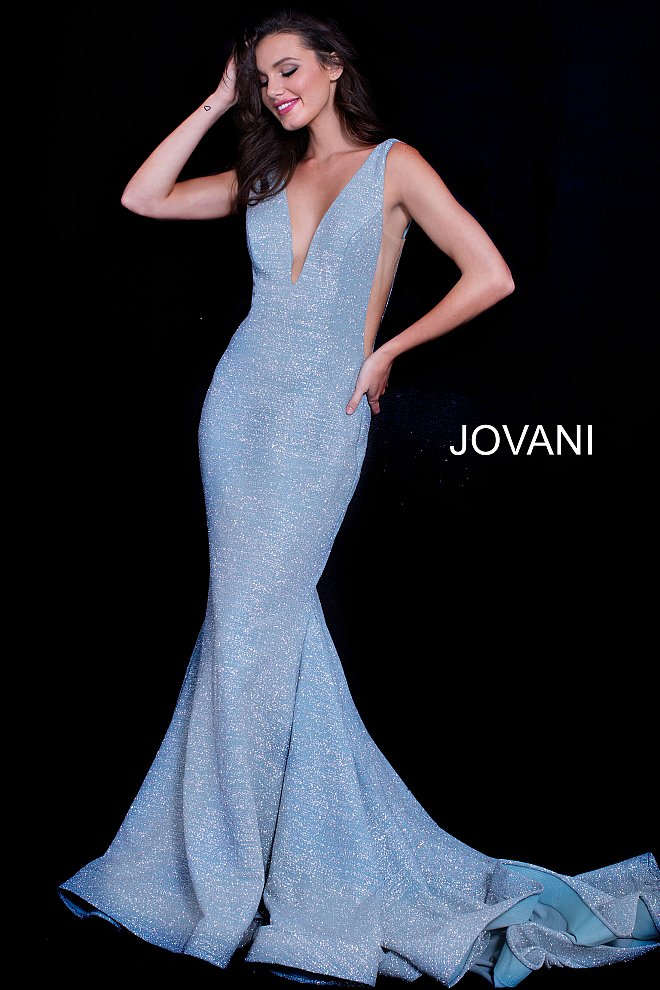 Jovani 47075 Floor length form fitting glitter jersey prom dress with train and horse hair trim features sleeveless bodice with plunging neckline, sheer side panels and open back.  Prom, Pageant and Evening gowns