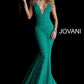Jovani 47075 sleeveless bodice with plunging neckline, sheer side panels and open back long mermaid stretch glitter jersey prom dress pageant gown evening gown.