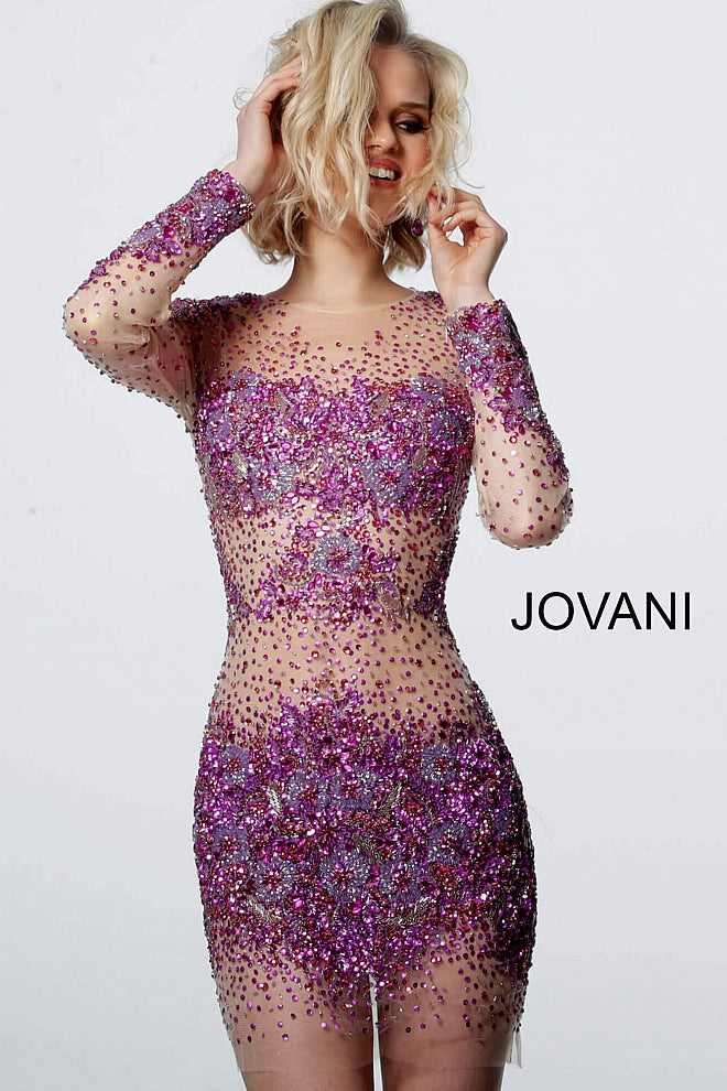 Jovani 47598 is a sheer beaded & Crystal Rhinestone Embellished short fitted cocktail dress. Featuring long sleeves & a high neckline short Formal evening gown is perfect for Prom, Pageant, homecoming & More!  Available Colors: Fuchsia/Nude, Teal/Nude  Available Sizes:  00-24